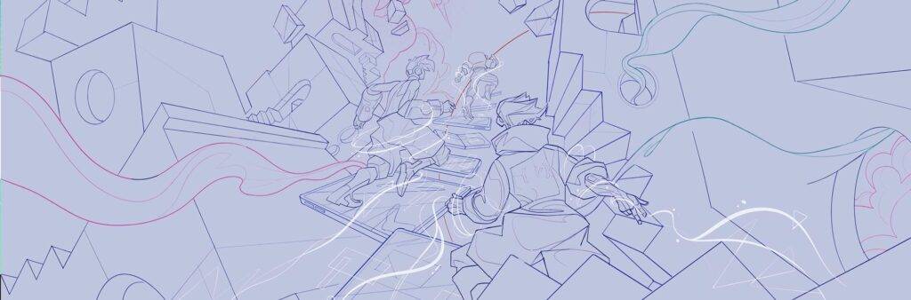 Pencil sketch of Escher Maze: runners crossing a maze of floating blocks, drawn by Hurca! for Callstack